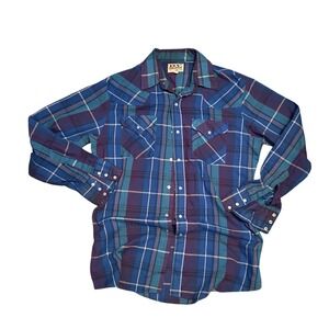 Ely Cattleman Mens Western Pearl‎ Snap Shirt Blue Teal Purple Vintage Medium